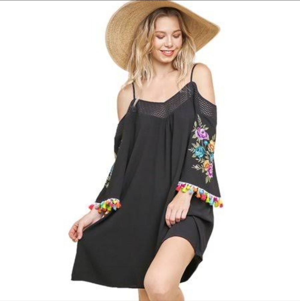 Blue Heaven Cold Shoulders Black Tassel & Embroidered Dress